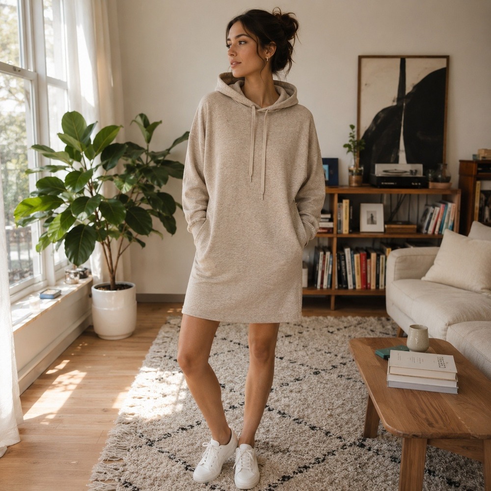 H&M Hoodie Dress Womens XS Beige Oatmeal Fleece Lined Long‎ Sleeve Tunic